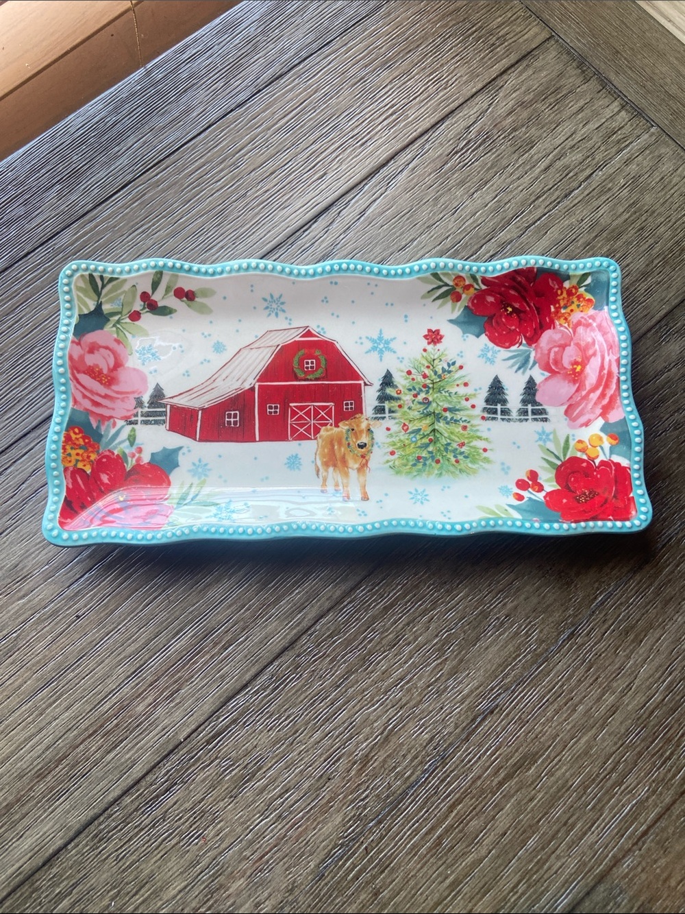 The Pioneer Woman Red Barn & Turquoise Trim Holiday Serving Tray